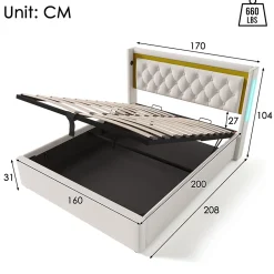 Okwish Lit coffre 160x200 cm - Lit double avec USB Type C et LED - Coton - Sans Matelas - Beige* Lit Coffre