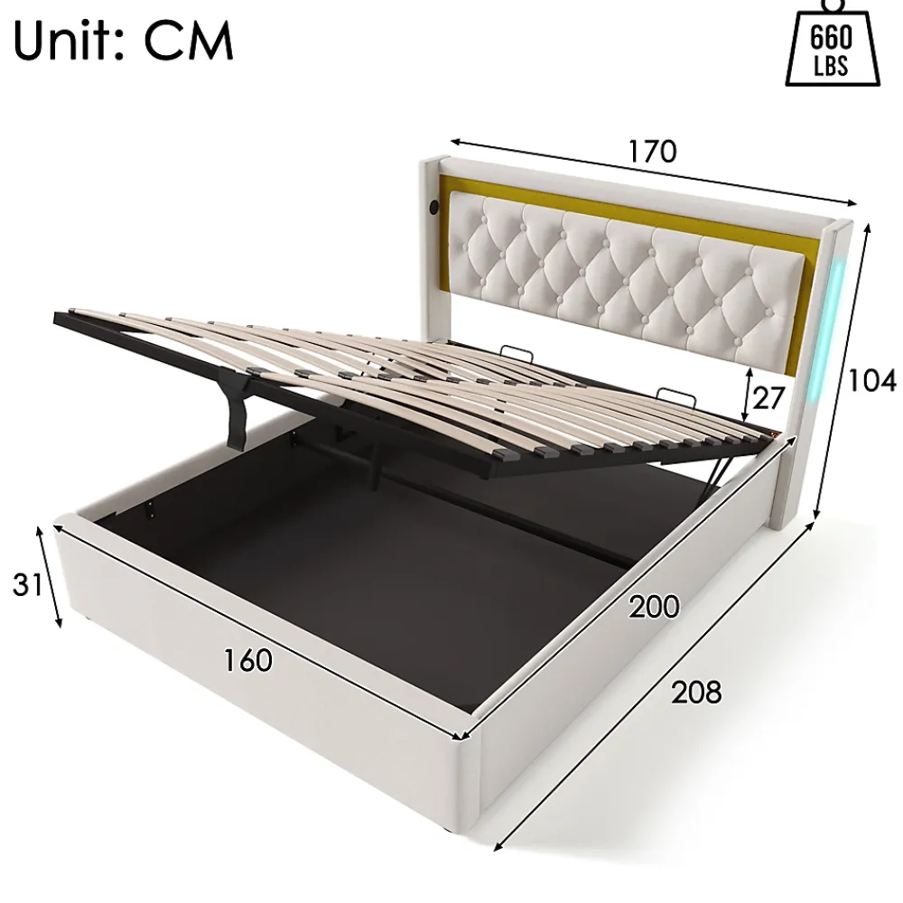 Okwish Lit coffre 160x200 cm - Lit double avec USB Type C et LED - Coton - Sans Matelas - Beige* Lit Coffre