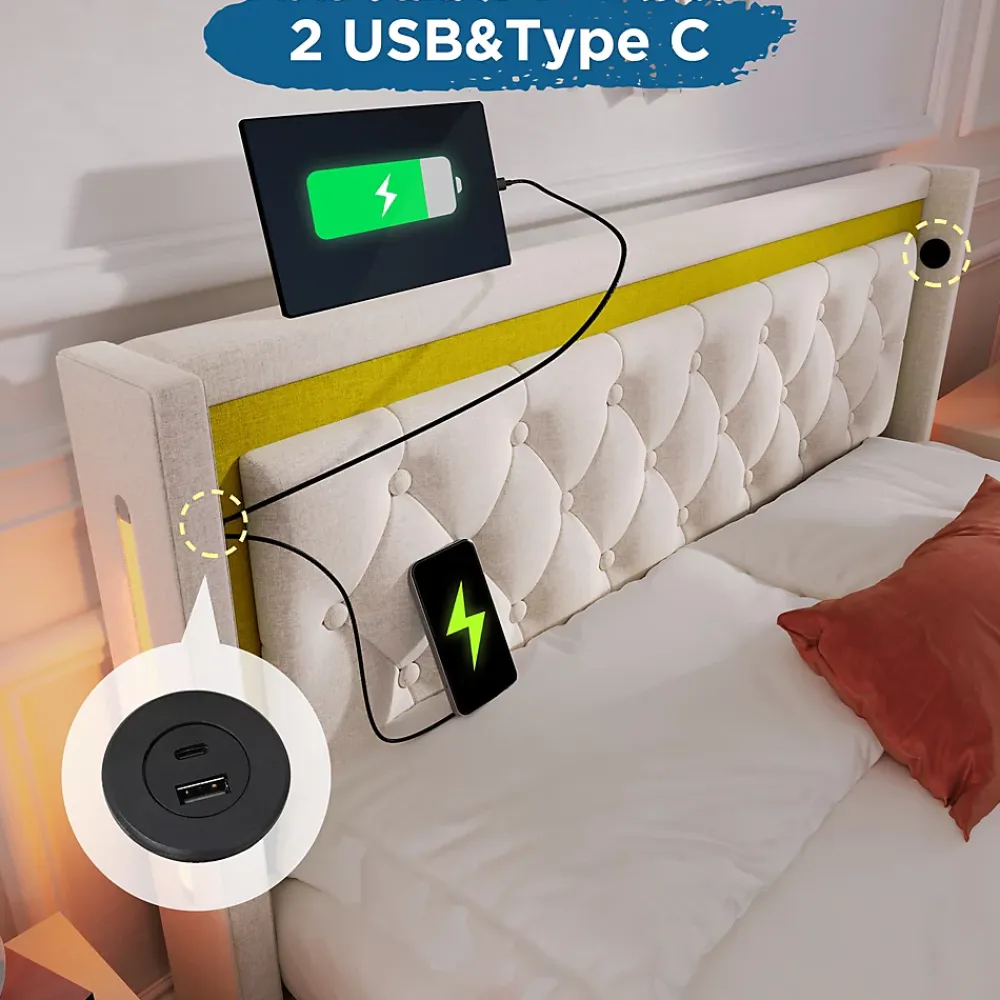 Okwish Lit coffre 160x200 cm - Lit double avec USB Type C et LED - Coton - Sans Matelas - Beige* Lit Coffre