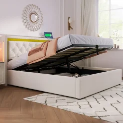 Okwish Lit coffre 160x200 cm - Lit double avec USB Type C et LED - Coton - Sans Matelas - Beige* Lit Coffre
