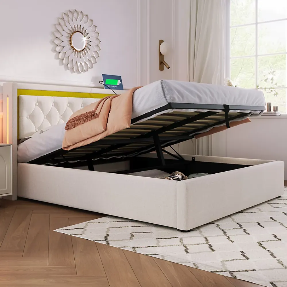 Okwish Lit coffre 160x200 cm - Lit double avec USB Type C et LED - Coton - Sans Matelas - Beige* Lit Coffre