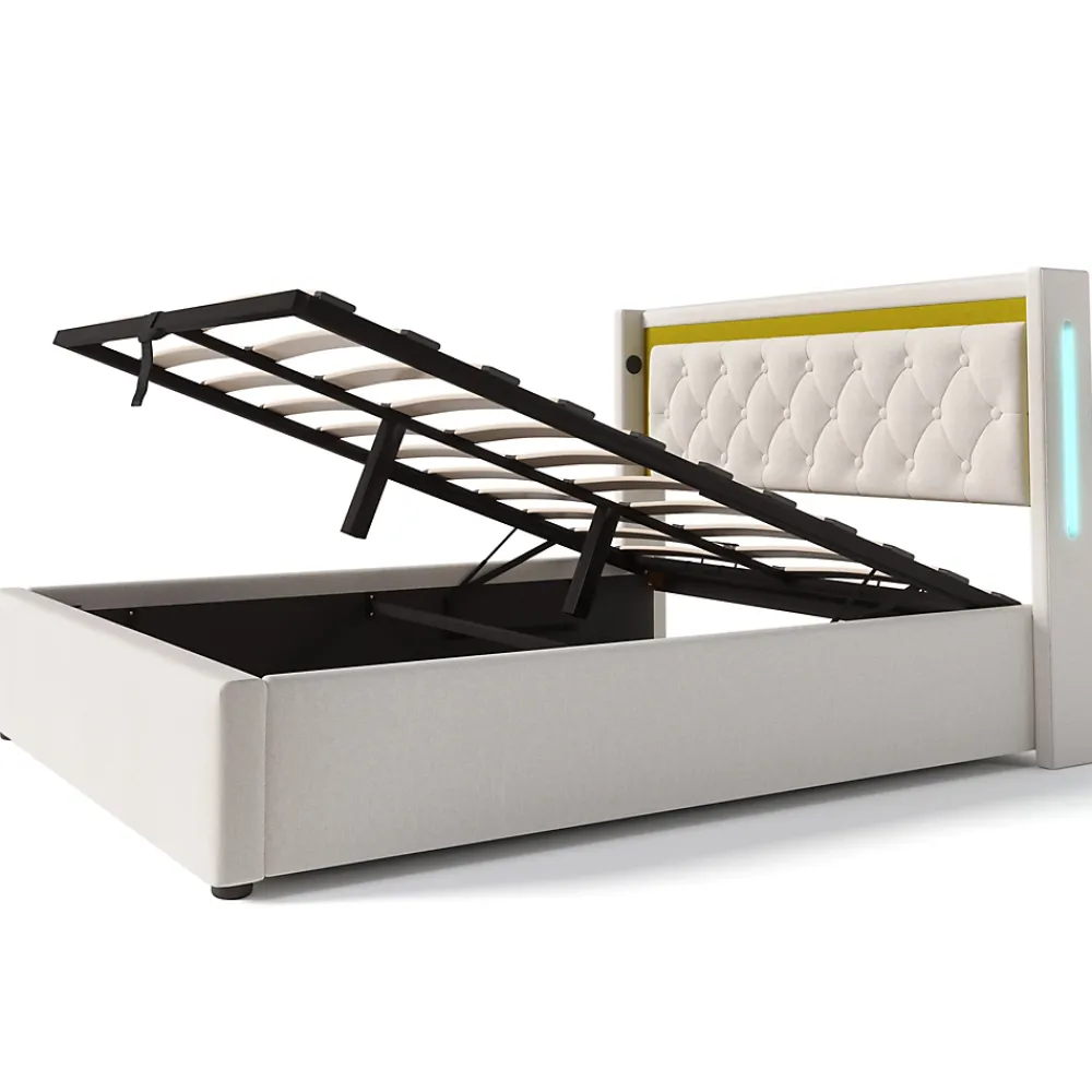 Okwish Lit coffre 160x200 cm - Lit double avec USB Type C et LED - Coton - Sans Matelas - Beige* Lit Coffre