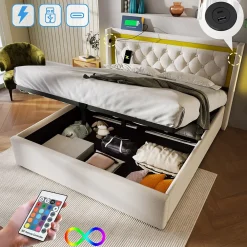 Okwish Lit coffre 160x200 cm - Lit double avec USB Type C et LED - Coton - Sans Matelas - Beige* Lit Coffre