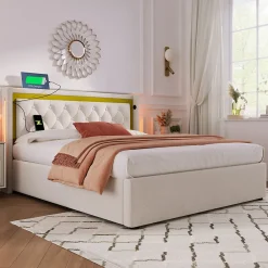 Okwish Lit coffre 160x200 cm - Lit double avec USB Type C et LED - Coton - Sans Matelas - Beige* Lit Coffre
