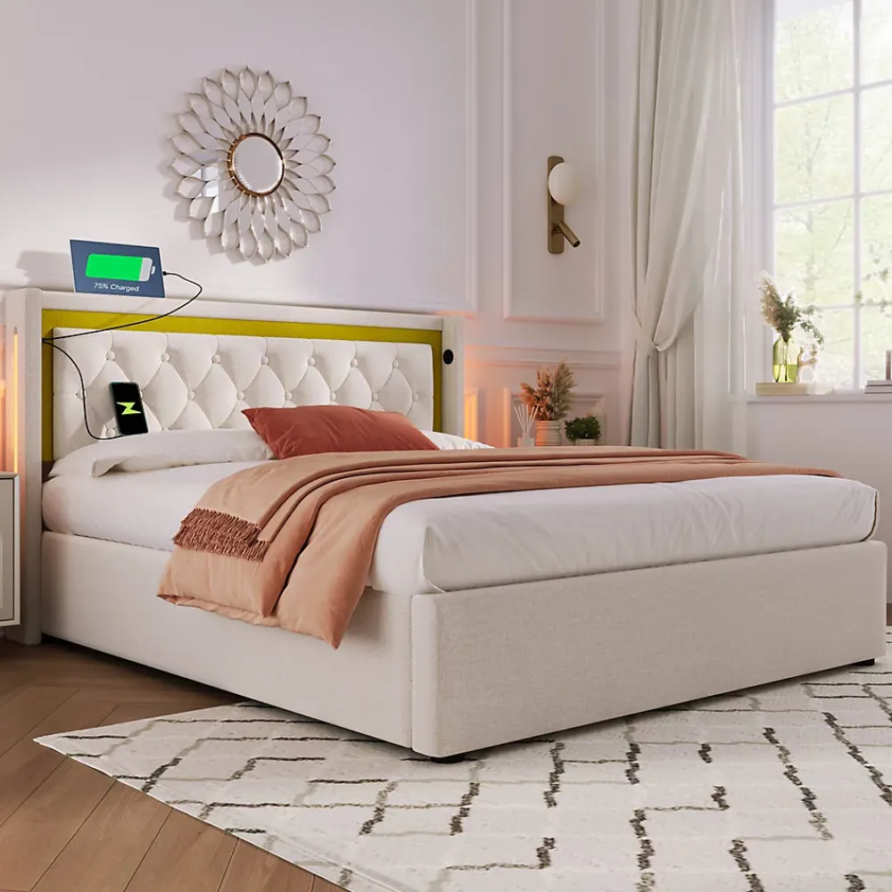 Okwish Lit coffre 160x200 cm - Lit double avec USB Type C et LED - Coton - Sans Matelas - Beige* Lit Coffre