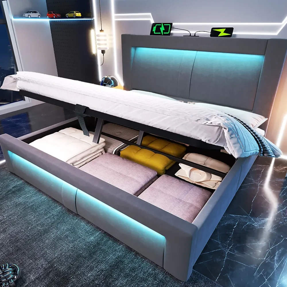 Okwish Lit Coffre 180x200 cm - Lit Double Capitonné avec LED Contrôlée par Application, Ports USB/Type-C - Sans Matelas - Gris* Lit Coffre