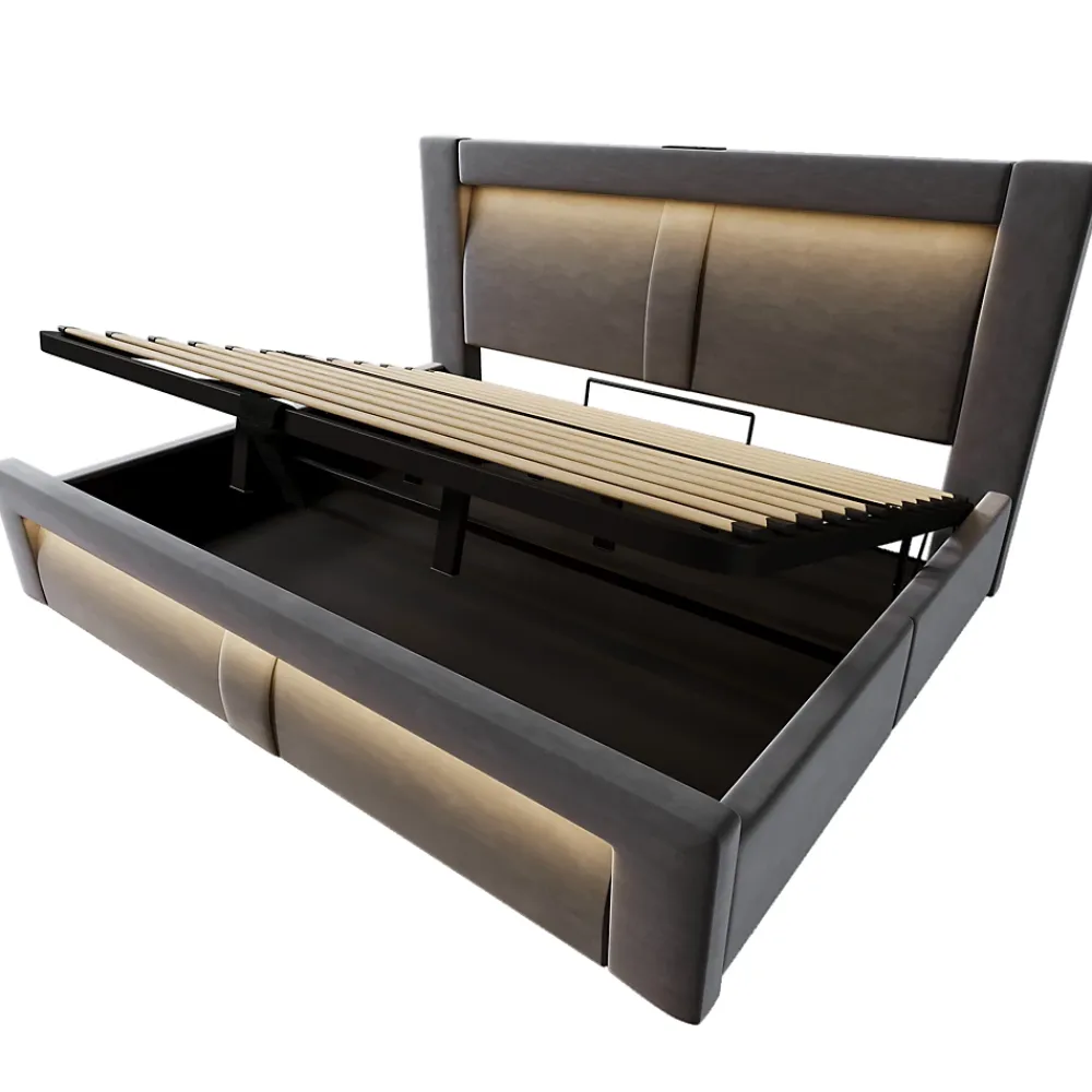 Okwish Lit Coffre 180x200 cm - Lit Double Capitonné avec LED Contrôlée par Application, Ports USB/Type-C - Sans Matelas - Gris* Lit Coffre