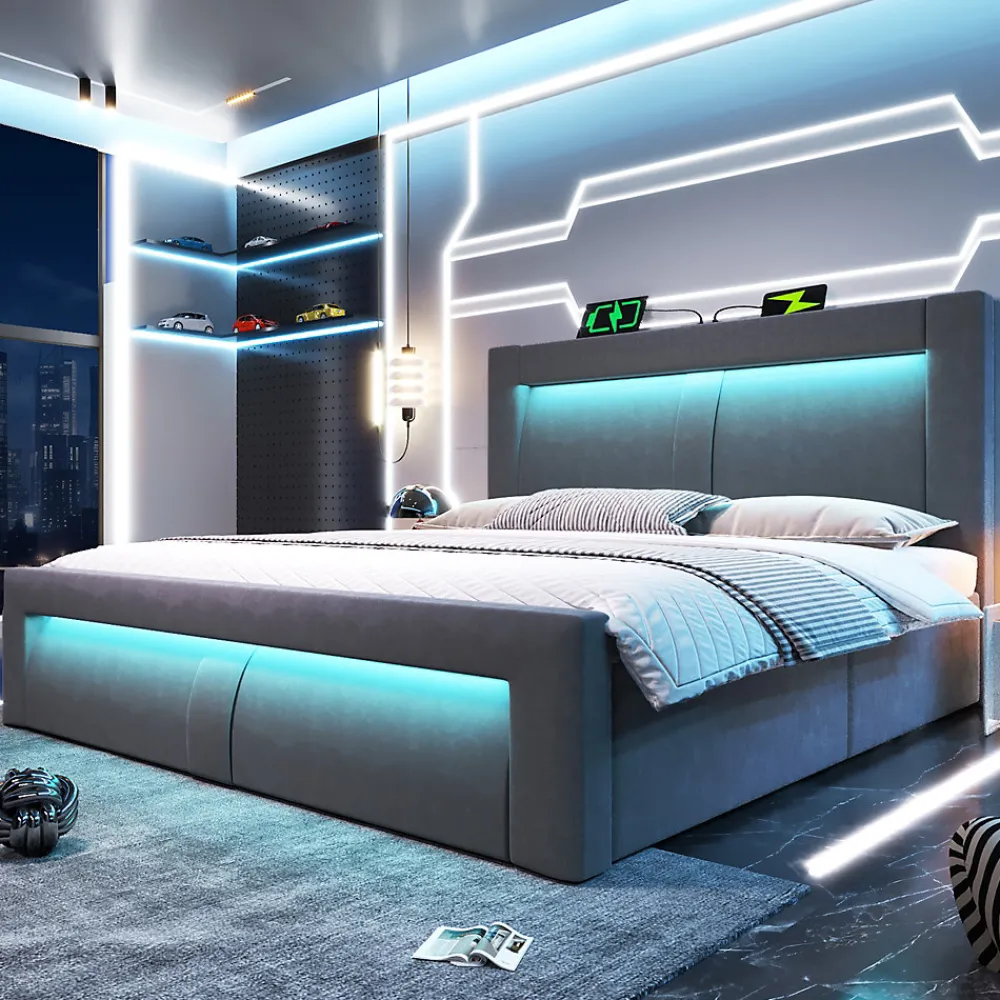 Okwish Lit Coffre 180x200 cm - Lit Double Capitonné avec LED Contrôlée par Application, Ports USB/Type-C - Sans Matelas - Gris* Lit Coffre