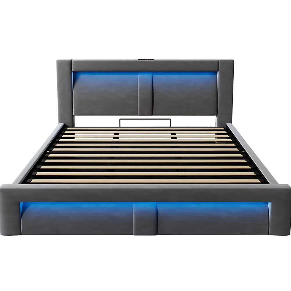 Okwish Lit Coffre 180x200 cm - Lit Double Capitonné avec LED Contrôlée par Application, Ports USB/Type-C - Sans Matelas - Gris* Lit Coffre
