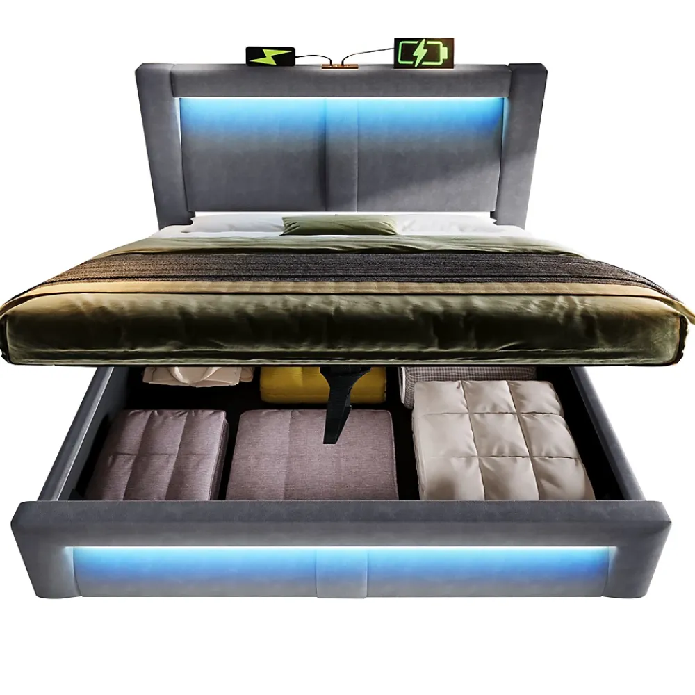 Okwish Lit Coffre 180x200 cm - Lit Double Capitonné avec LED Contrôlée par Application, Ports USB/Type-C - Sans Matelas - Gris* Lit Coffre