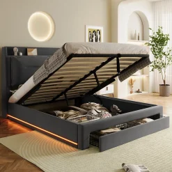Lit coffre 140x190 cm - Lit Double Capitonné avec Tiroirs et Éclairage LED - Velours - Sans Matelas - Gris>Okwish New