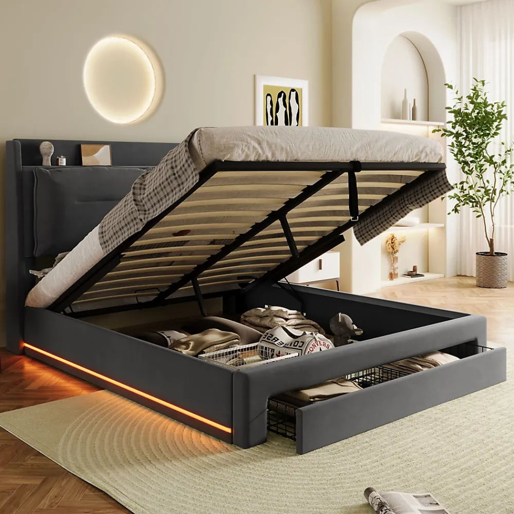 Lit coffre 140x190 cm - Lit Double Capitonné avec Tiroirs et Éclairage LED - Velours - Sans Matelas - Gris>Okwish New