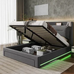 Lit coffre 140x190 cm - Lit Double Capitonné avec Tiroirs et Éclairage LED - Velours - Sans Matelas - Gris>Okwish New