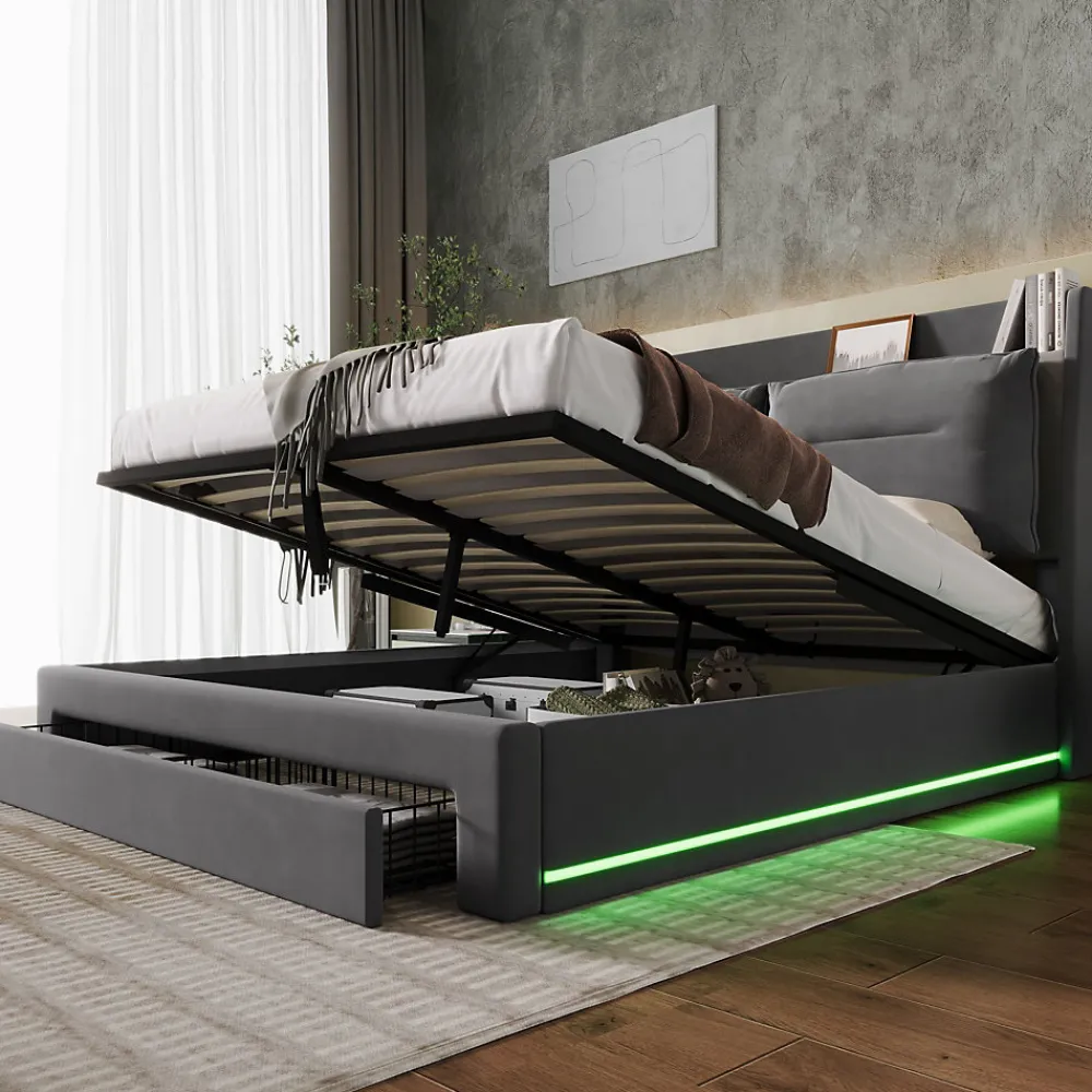 Lit coffre 140x190 cm - Lit Double Capitonné avec Tiroirs et Éclairage LED - Velours - Sans Matelas - Gris>Okwish New