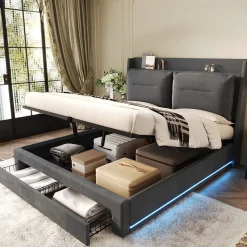 Lit coffre 140x190 cm - Lit Double Capitonné avec Tiroirs et Éclairage LED - Velours - Sans Matelas - Gris><noscript><img width=