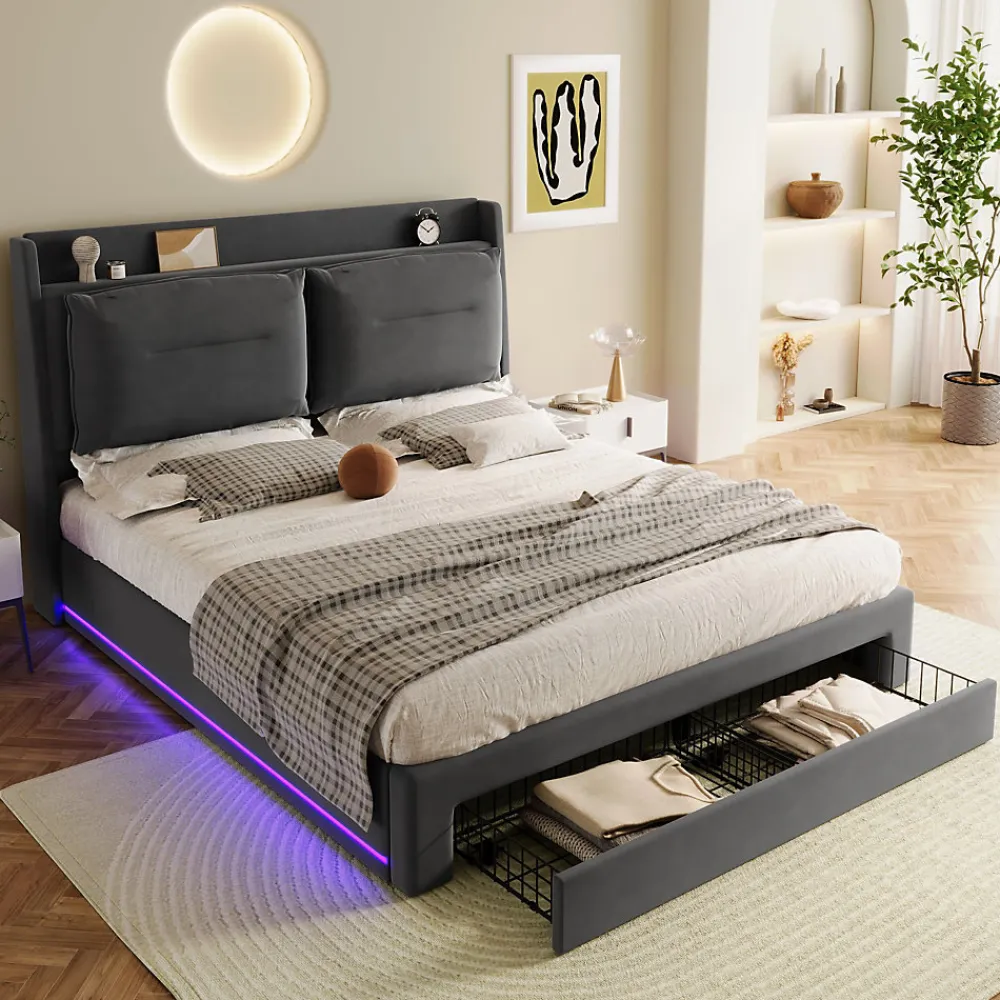 Lit coffre 140x190 cm - Lit Double Capitonné avec Tiroirs et Éclairage LED - Velours - Sans Matelas - Gris>Okwish New