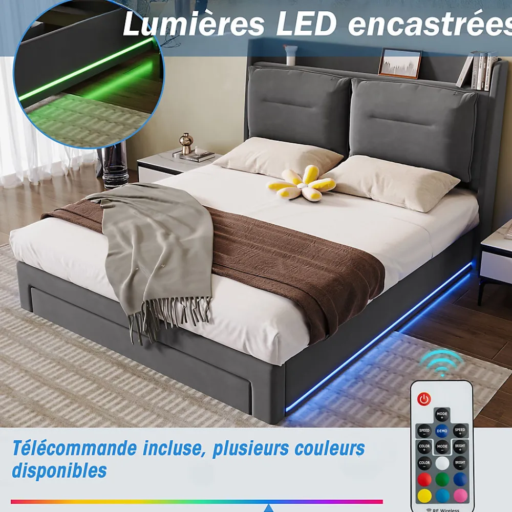 Lit coffre 140x190 cm - Lit Double Capitonné avec Tiroirs et Éclairage LED - Velours - Sans Matelas - Gris>Okwish New