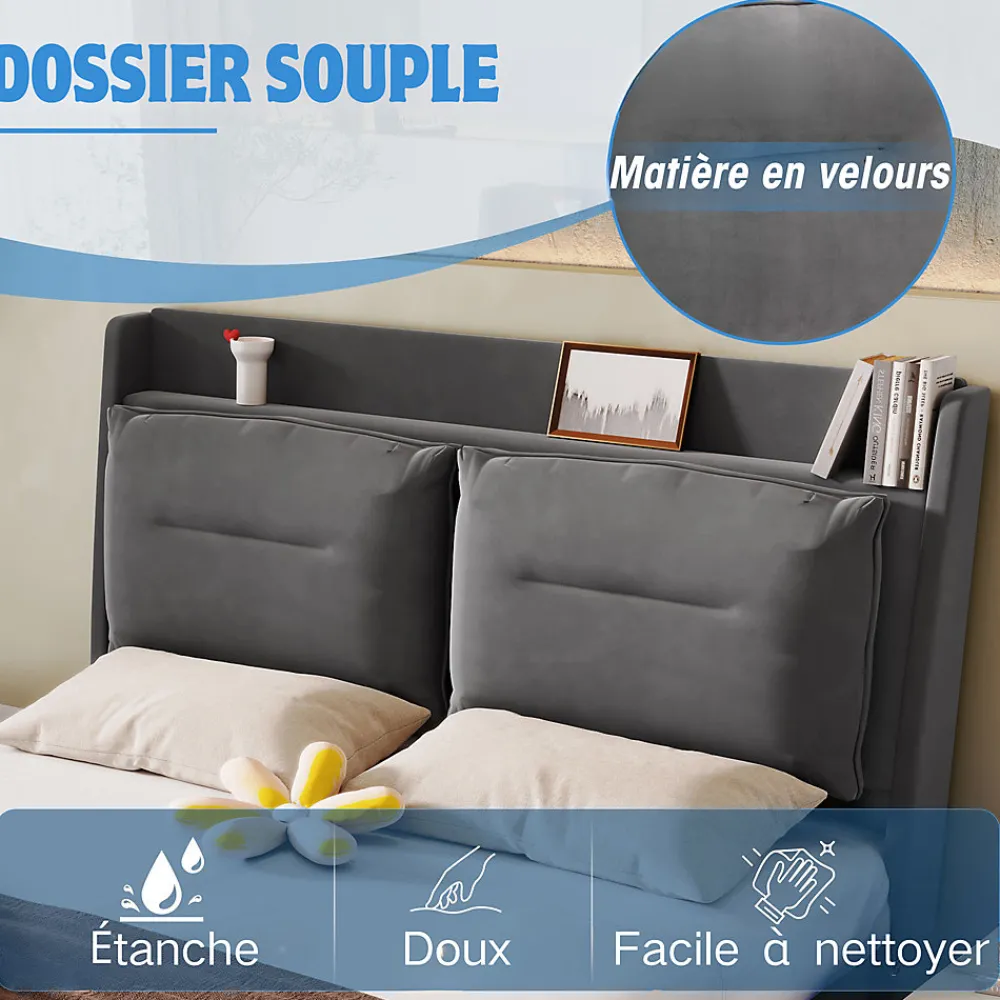 Lit coffre 140x190 cm - Lit Double Capitonné avec Tiroirs et Éclairage LED - Velours - Sans Matelas - Gris>Okwish New