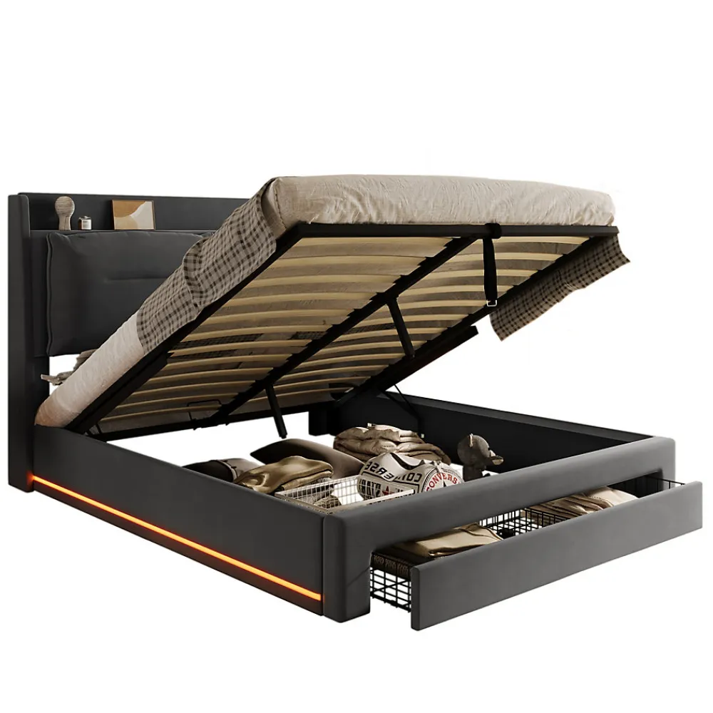 Lit coffre 140x190 cm - Lit Double Capitonné avec Tiroirs et Éclairage LED - Velours - Sans Matelas - Gris>Okwish New
