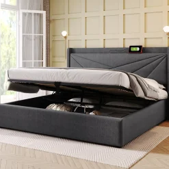 Okwish Lit Coffre 140x200 Cm - Lit Double avec Sommier à Lattes et USB Type C - Coton Bois Métal - Sans Matelas - Gris* Lit Coffre