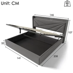 Okwish Lit Coffre 140x200 Cm - Lit Double avec Sommier à Lattes et USB Type C - Coton Bois Métal - Sans Matelas - Gris* Lit Coffre