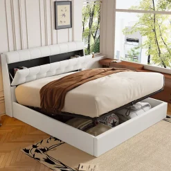Okwish Lit Coffre 140x200 cm - Lit Double Capitonné avec Tête de Lit et Rangement Caché - PU - Sans Matelas - Blanc* Lit Coffre