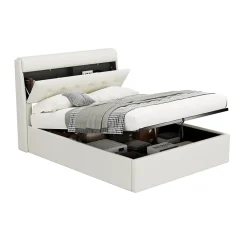 Okwish Lit Coffre 140x200 cm - Lit Double Capitonné avec Tête de Lit et Rangement Caché - PU - Sans Matelas - Blanc* Lit Coffre
