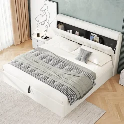 Okwish Lit Coffre 140x200 cm - Lit Double Capitonné avec Tête de Lit et Rangement Caché - PU - Sans Matelas - Blanc* Lit Coffre