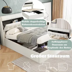 Okwish Lit Coffre 140x200 cm - Lit Double Capitonné avec Tête de Lit et Rangement Caché - PU - Sans Matelas - Blanc* Lit Coffre