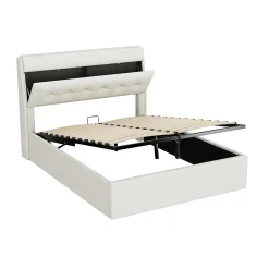 Okwish Lit Coffre 140x200 cm - Lit Double Capitonné avec Tête de Lit et Rangement Caché - PU - Sans Matelas - Blanc* Lit Coffre