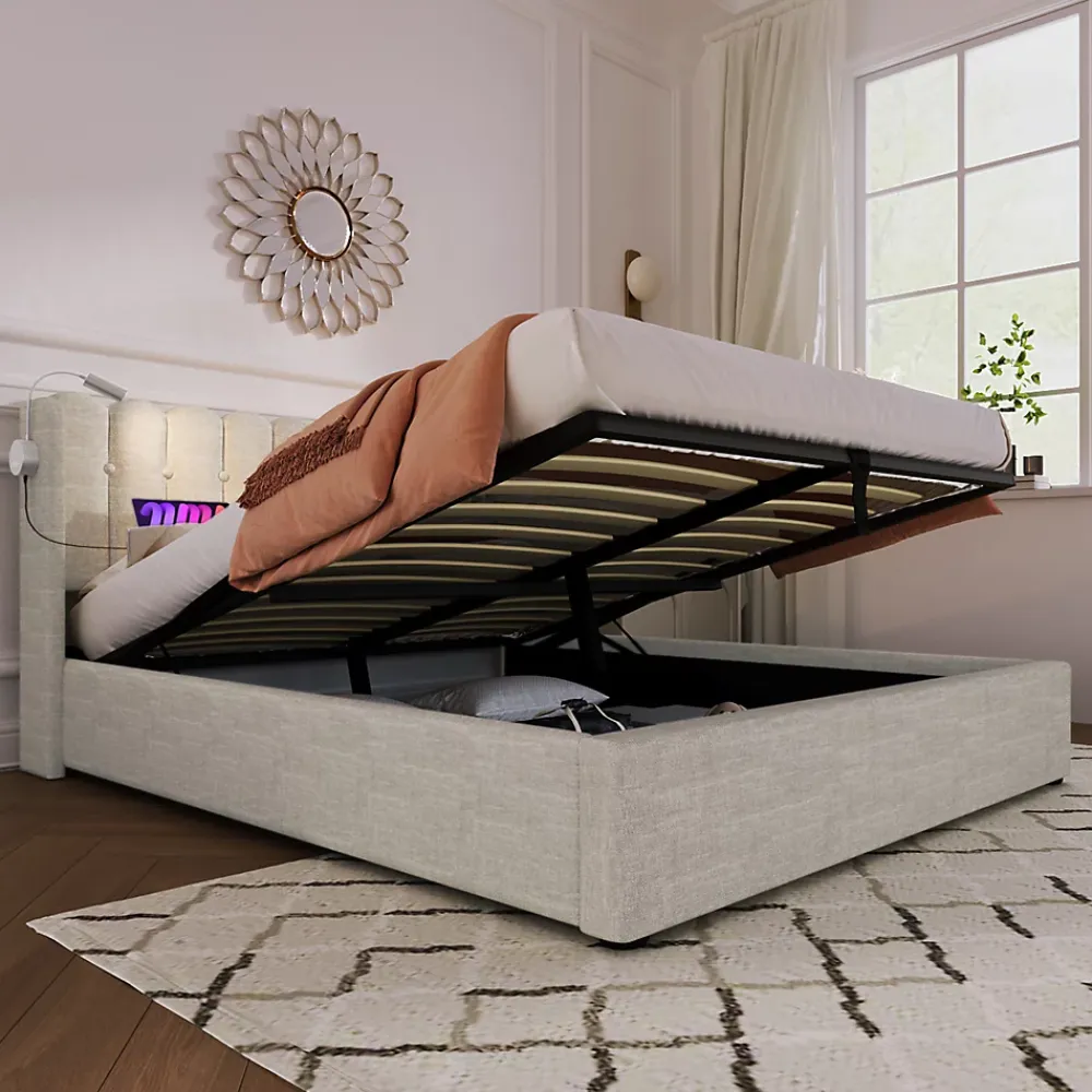 Okwish Lit Coffre 160x200 Cm - Lit Double avec Lampe de Lecture et Ports USB - Lin - Sans Matelas - Beige* Lit Coffre