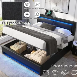 Generique Lit Coffre 140x200 cm - Lit Double Capitonné avec Port USB et Éclairage LED - Similicuir - Noir - Sans Matelas* Lit Coffre