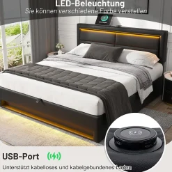 Generique Lit Coffre 140x200 cm - Lit Double Capitonné avec Port USB et Éclairage LED - Similicuir - Noir - Sans Matelas* Lit Coffre