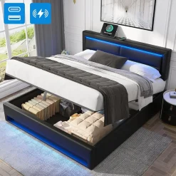 Generique Lit Coffre 140x200 cm - Lit Double Capitonné avec Port USB et Éclairage LED - Similicuir - Noir - Sans Matelas* Lit Coffre