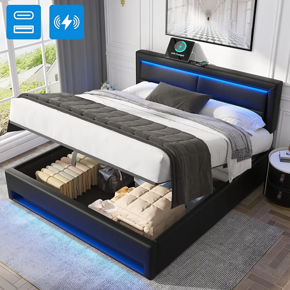 Generique Lit Coffre 140x200 cm - Lit Double Capitonné avec Port USB et Éclairage LED - Similicuir - Noir - Sans Matelas* Lit Coffre