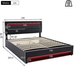 Generique Lit Coffre 140x200 cm - Lit Double Capitonné avec Port USB et Éclairage LED - Similicuir - Noir - Sans Matelas* Lit Coffre