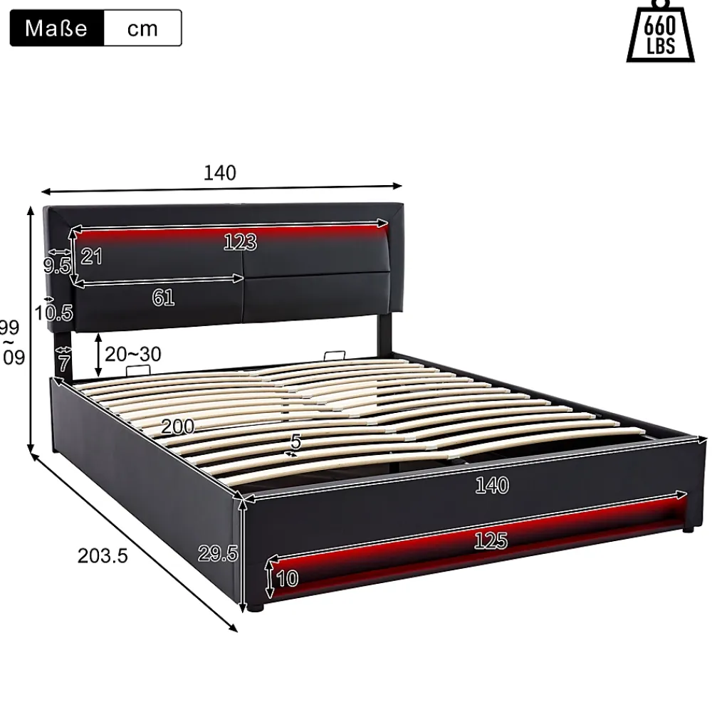 Generique Lit Coffre 140x200 cm - Lit Double Capitonné avec Port USB et Éclairage LED - Similicuir - Noir - Sans Matelas* Lit Coffre