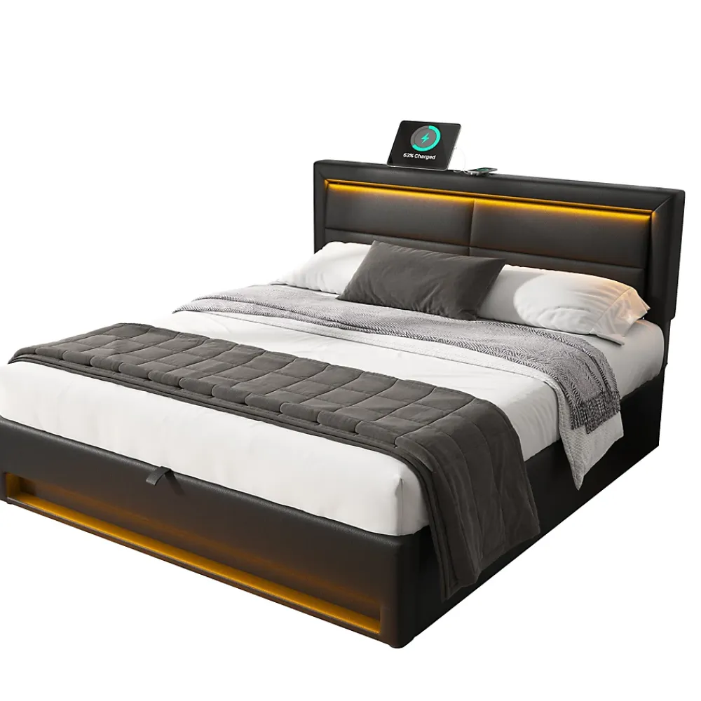Generique Lit Coffre 140x200 cm - Lit Double Capitonné avec Port USB et Éclairage LED - Similicuir - Noir - Sans Matelas* Lit Coffre