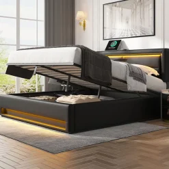 Generique Lit Coffre 140x200 cm - Lit Double Capitonné avec Port USB et Éclairage LED - Similicuir - Noir - Sans Matelas* Lit Coffre