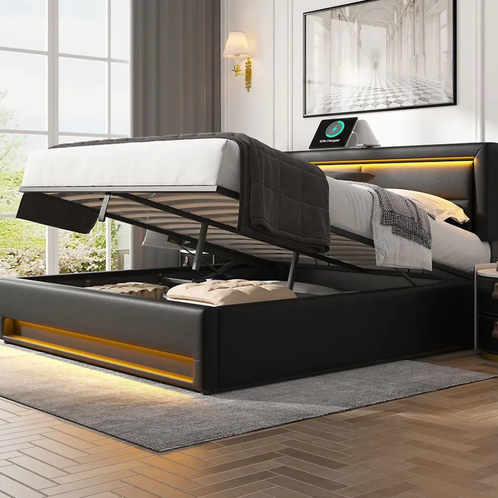 Generique Lit Coffre 140x200 cm - Lit Double Capitonné avec Port USB et Éclairage LED - Similicuir - Noir - Sans Matelas* Lit Coffre