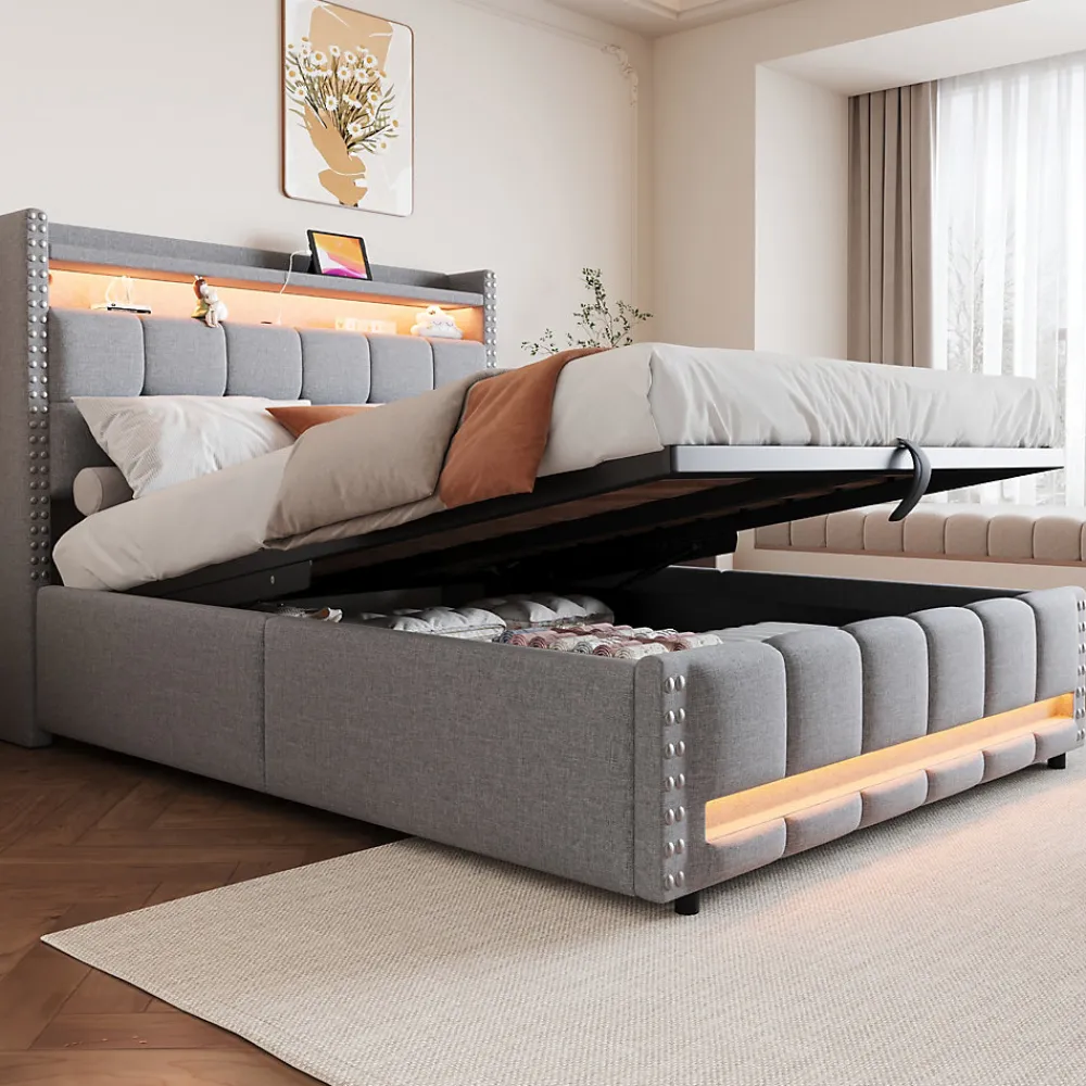 Lit coffre 140x200 cm - Lit double en lin gris clair avec LED intégrée, ports USB et rangement hydraulique - Sans matelas>Okwish Sale