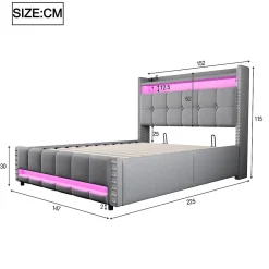 Lit coffre 140x200 cm - Lit double en lin gris clair avec LED intégrée, ports USB et rangement hydraulique - Sans matelas><noscript><img width=