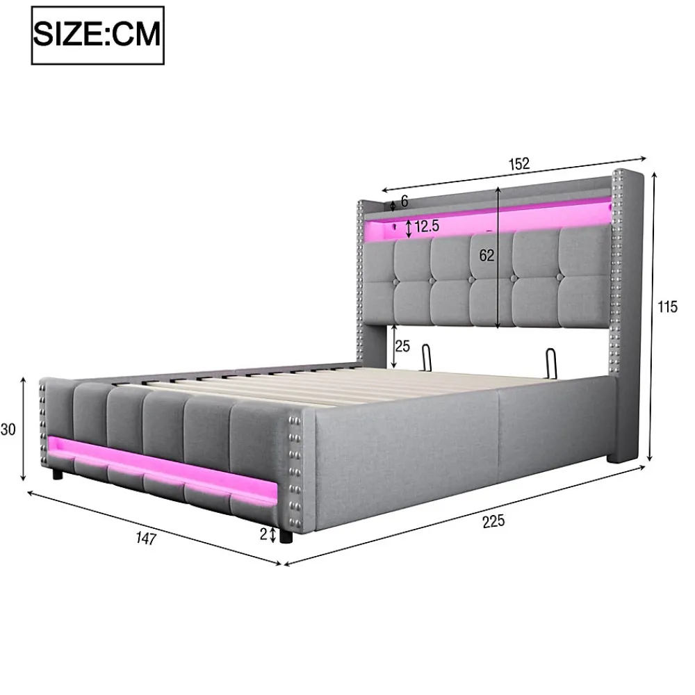 Lit coffre 140x200 cm - Lit double en lin gris clair avec LED intégrée, ports USB et rangement hydraulique - Sans matelas>Okwish Sale