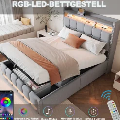 Lit coffre 140x200 cm - Lit double en lin gris clair avec LED intégrée, ports USB et rangement hydraulique - Sans matelas><noscript><img width=