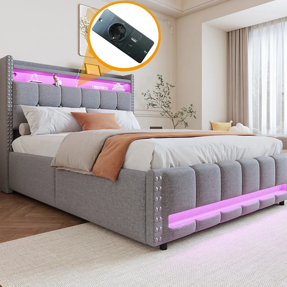 Lit coffre 140x200 cm - Lit double en lin gris clair avec LED intégrée, ports USB et rangement hydraulique - Sans matelas>Okwish Sale