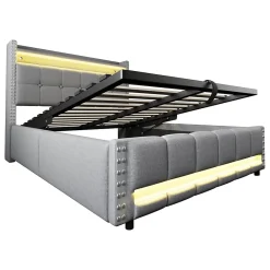 Lit coffre 140x200 cm - Lit double en lin gris clair avec LED intégrée, ports USB et rangement hydraulique - Sans matelas><noscript><img width=
