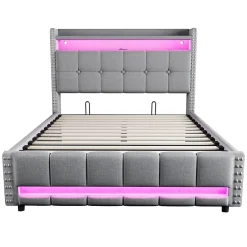 Lit coffre 140x200 cm - Lit double en lin gris clair avec LED intégrée, ports USB et rangement hydraulique - Sans matelas><noscript><img width=