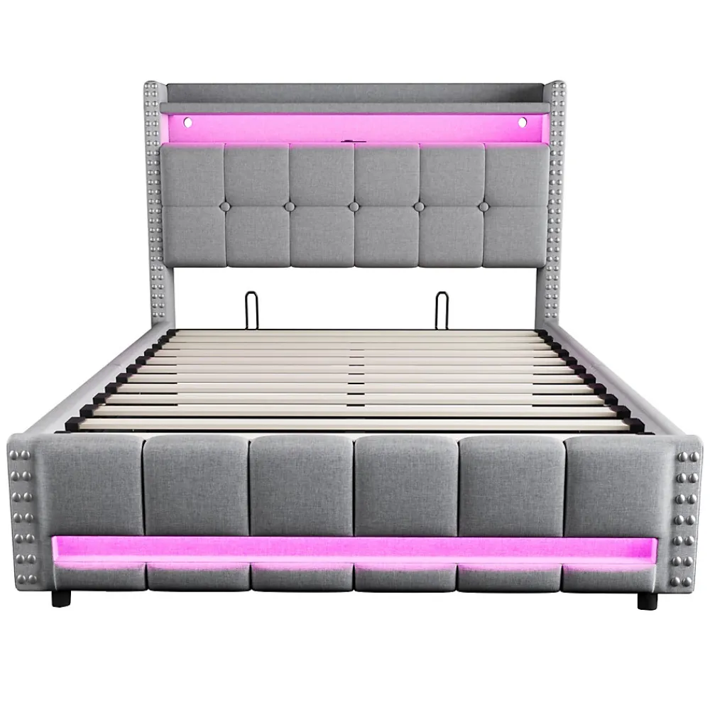 Lit coffre 140x200 cm - Lit double en lin gris clair avec LED intégrée, ports USB et rangement hydraulique - Sans matelas>Okwish Sale