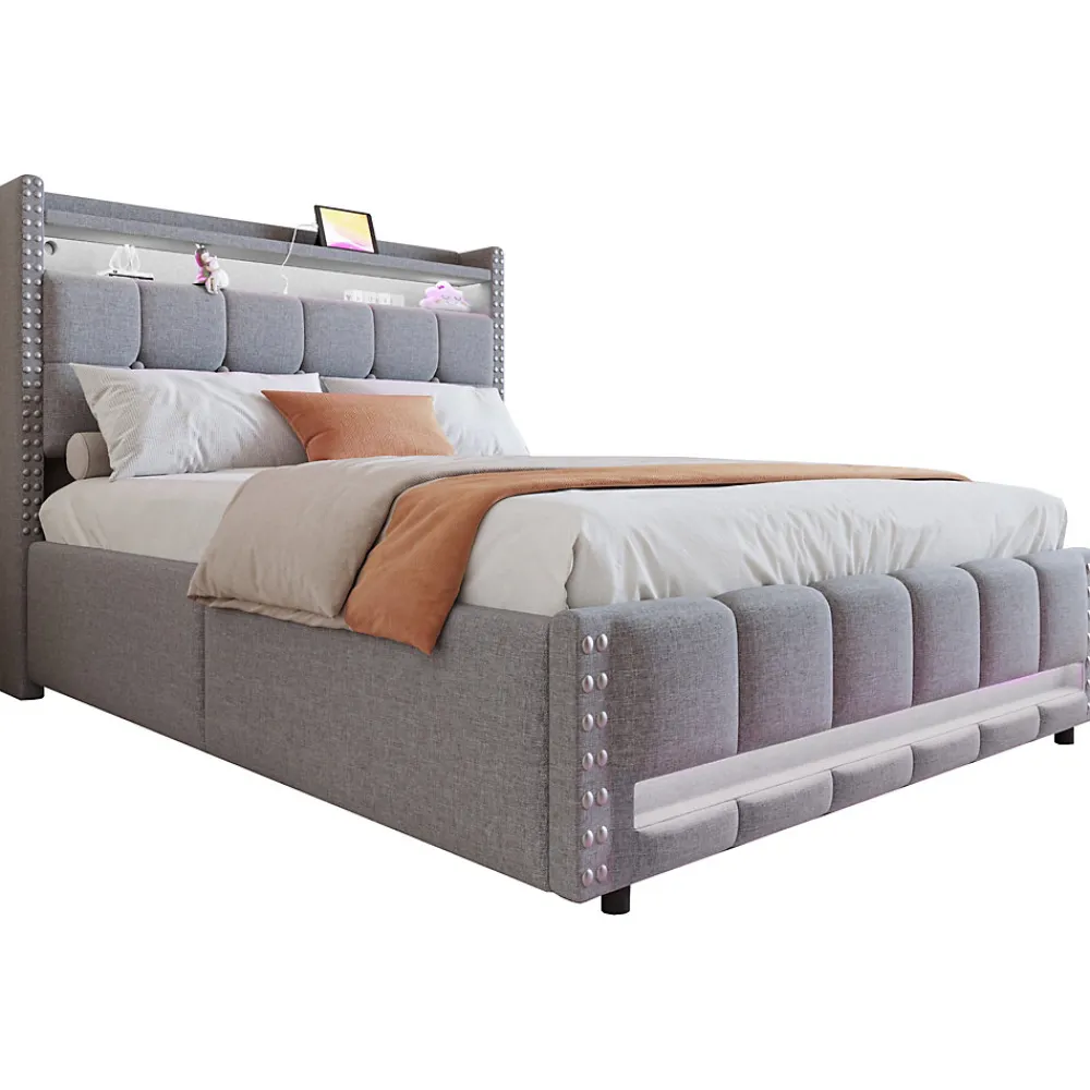 Lit coffre 140x200 cm - Lit double en lin gris clair avec LED intégrée, ports USB et rangement hydraulique - Sans matelas>Okwish Sale