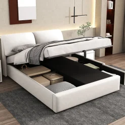 Okwish Lit coffre 140x200 cm - lit double capitonné élégant en velours avec 3 tiroirs et rangement hydraulique - blanc - sans matelas* Lit Coffre